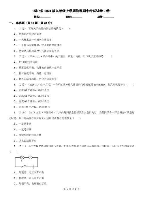 湖北省2021版九年级上学期物理期中考试试卷C卷