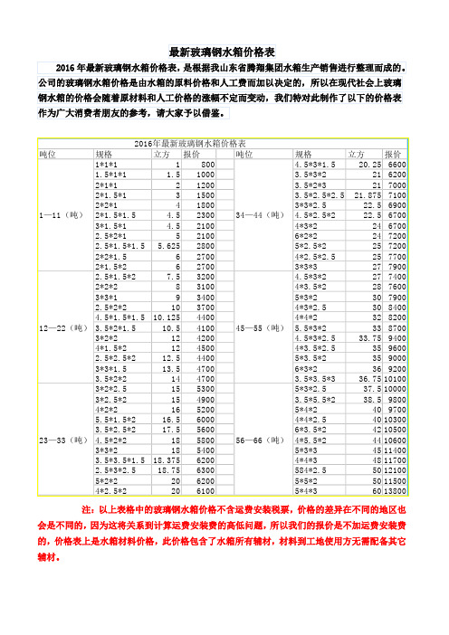 最新玻璃钢水箱价格表