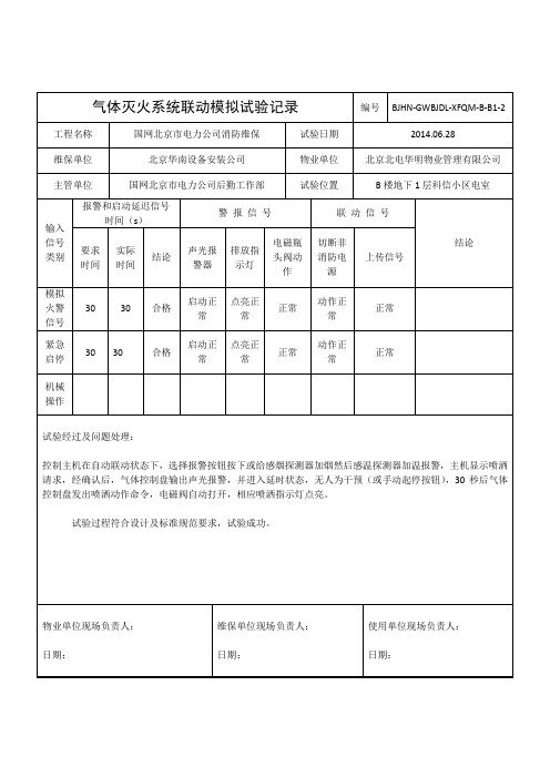 气体灭火系统联动模拟试验记录