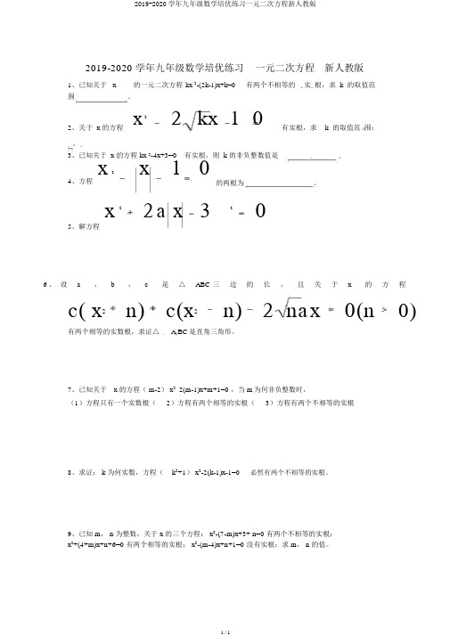 2019-2020学年九年级数学培优练习一元二次方程新人教版