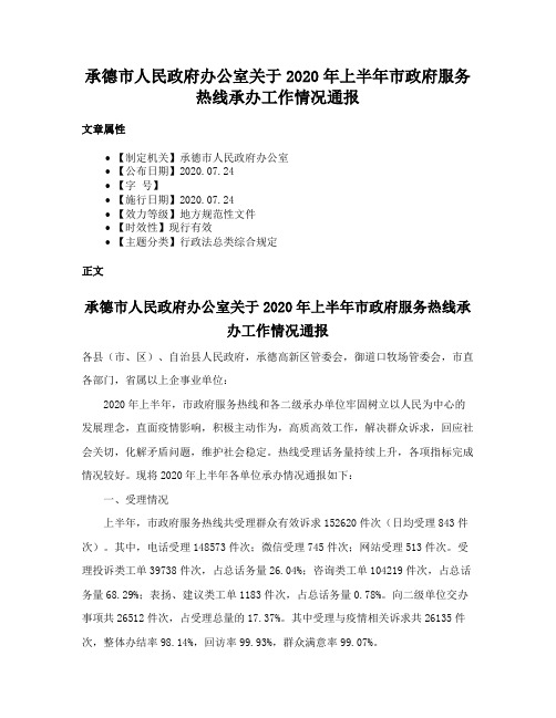 承德市人民政府办公室关于2020年上半年市政府服务热线承办工作情况通报