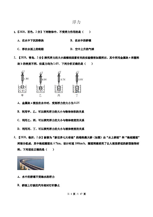 2021年人教版物理中考专题训练 浮力