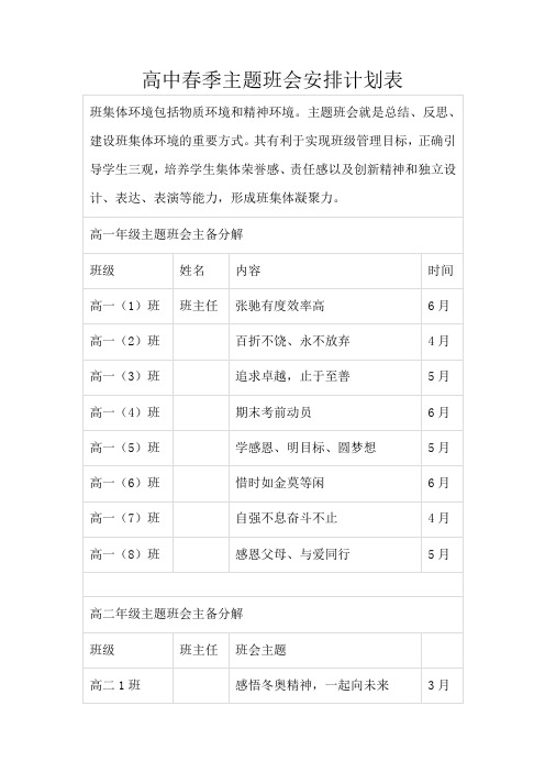 高中春季主题班会安排计划表