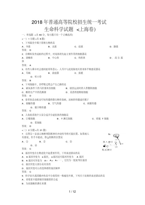 2018上海高考生物试卷及答案