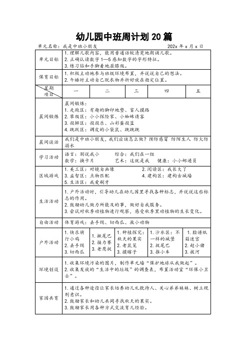 幼儿园中班周计划20篇