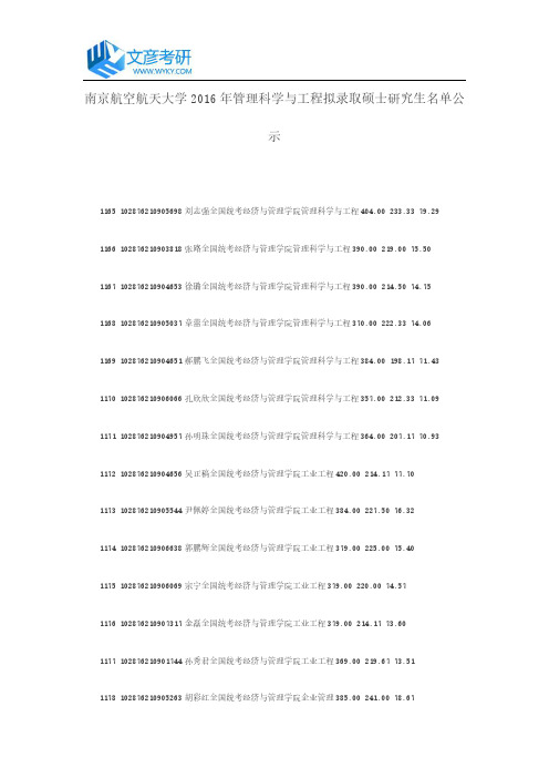 南京航空航天大学2016年管理科学与工程拟录取硕士研究生名单公示