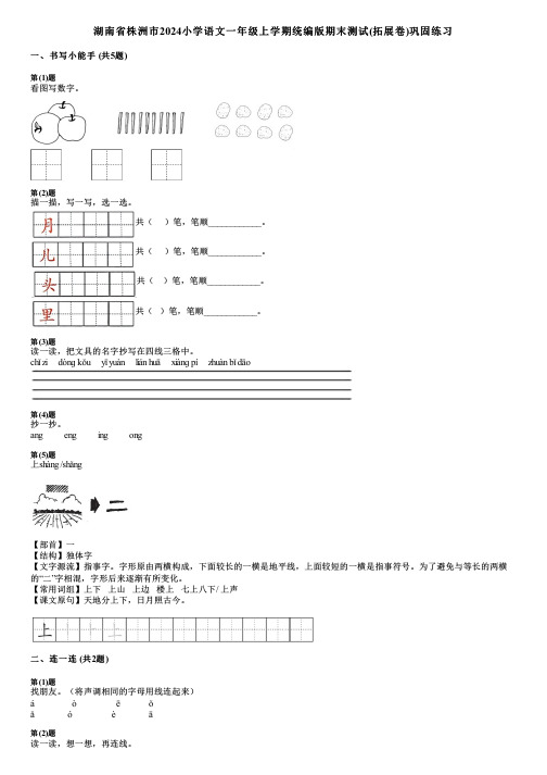 湖南省株洲市2024小学语文一年级上学期统编版期末测试(拓展卷)巩固练习