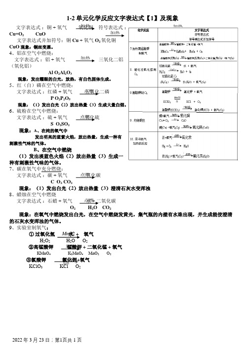 初中化学化学反应文字表达式、符号表达式、文字表达式加符号及现象