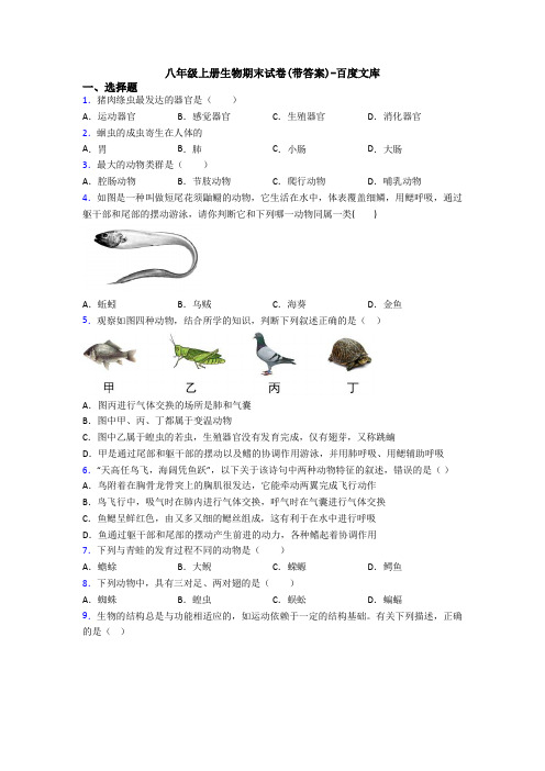 八年级上册生物期末试卷(带答案)-百度文库