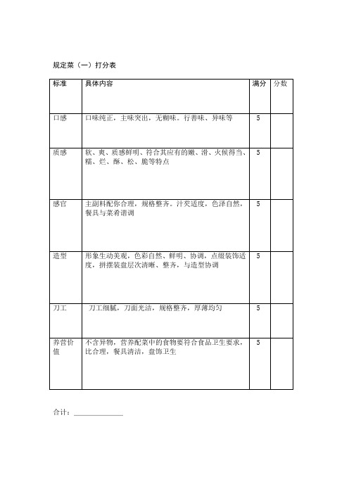 菜品评分表格