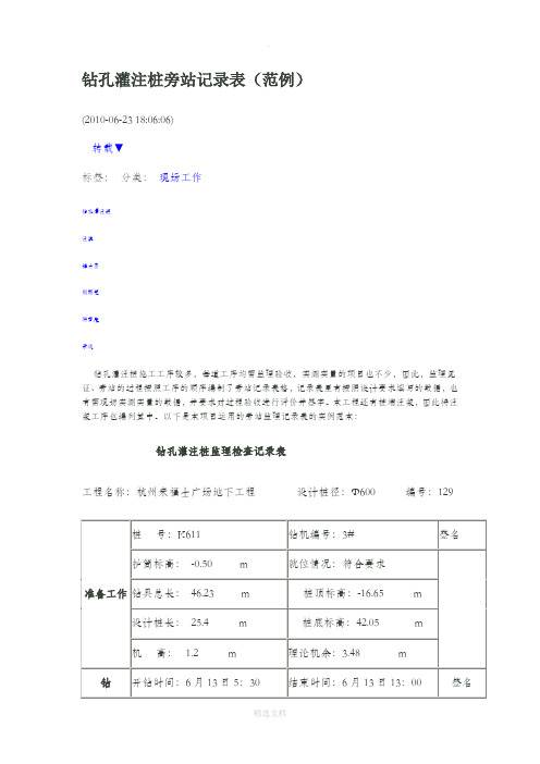 钻孔灌注桩旁站记录表(范例)