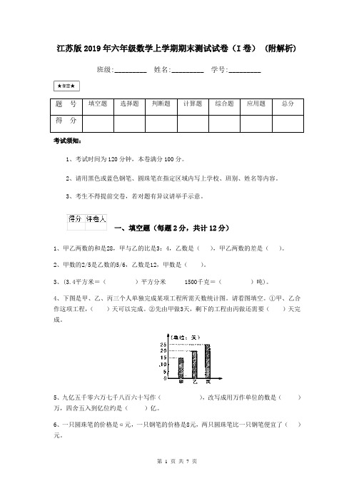 江苏版2019年六年级数学上学期期末测试试卷(I卷) (附解析)