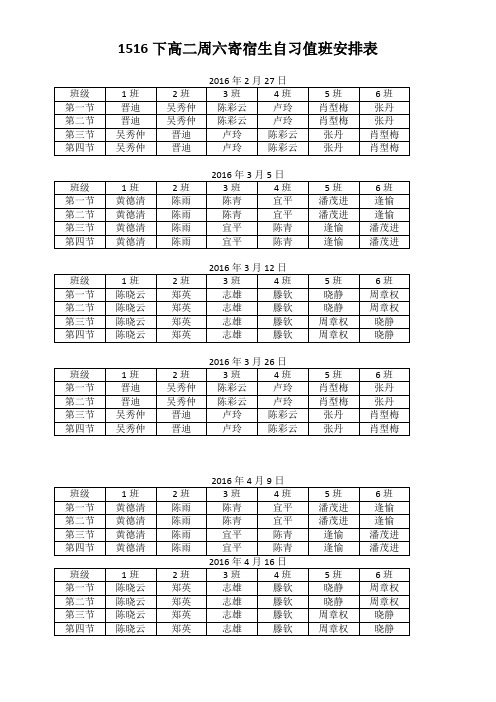 1516下高二周六寄宿生自习值班安排表