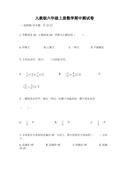 人教版六年级上册数学期中测试卷精品【历年真题】