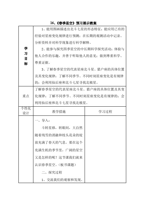 五年级下科学教案-16、《春季星空》预习展示教案_青岛版