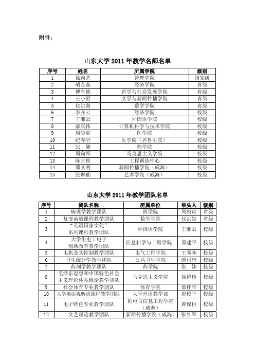 山东大学2011年教学名师名单