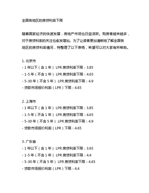 全国各地区的房贷利率下限表格