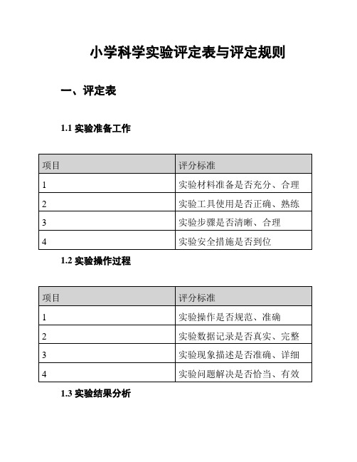 小学科学实验评定表与评定规则