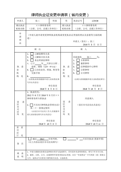 福建省律师执业证变更申请表(2017版)