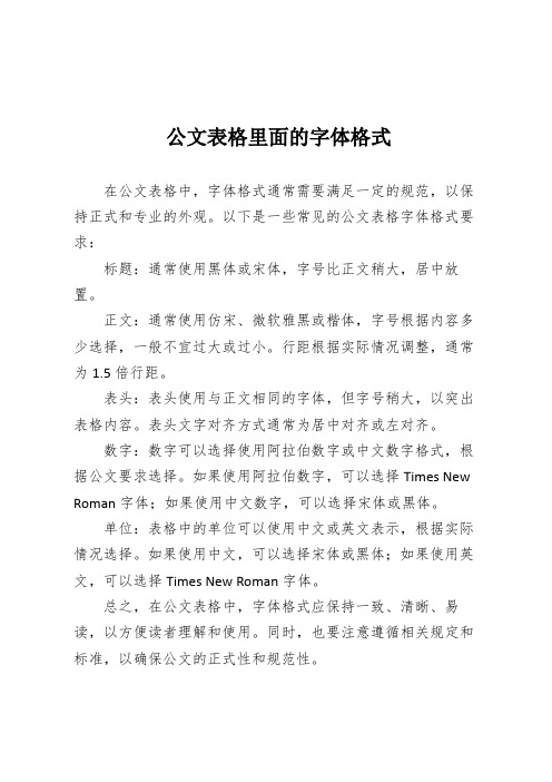 公文表格里面的字体格式