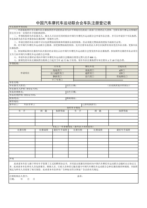 中国汽车摩托车运动联合会车队注册登记表