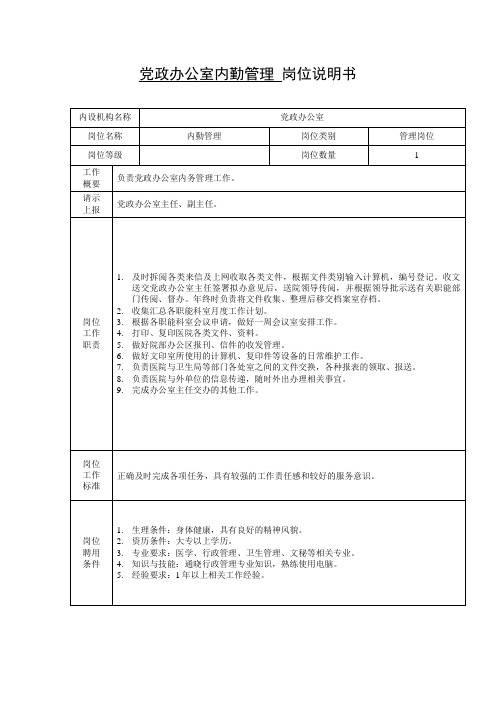 党政办公室内勤管理  岗位说明书