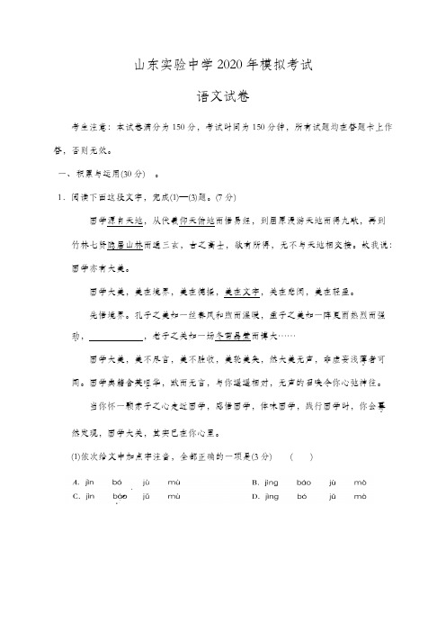 山东实验中学-2020届九年级下学期模拟考试语文试题