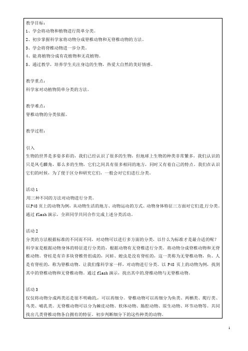 上海市罗泾中学七年级科学上册 动植物的分类教案 牛津上海版五四制