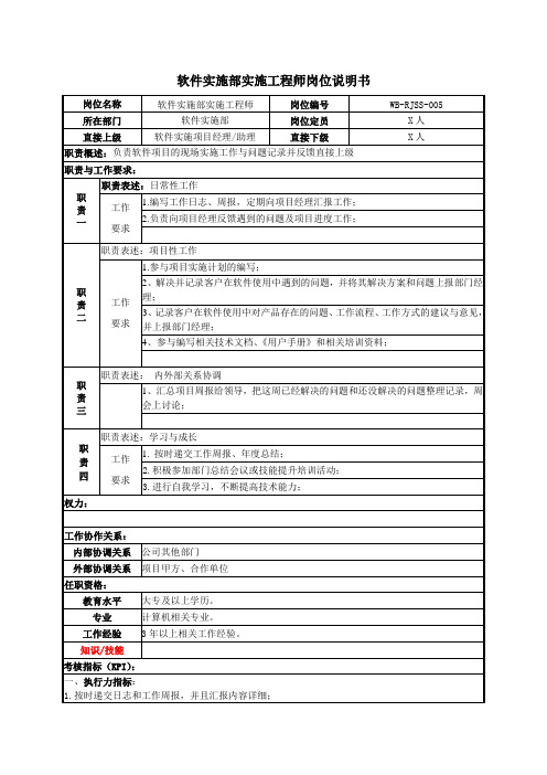 软件实施部实施工程师岗位说明书