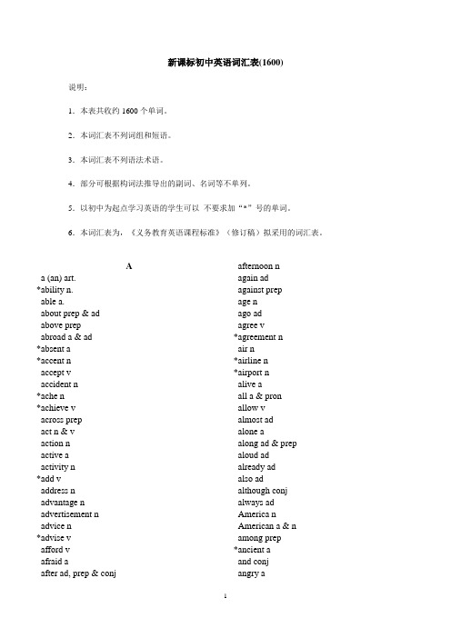 新课标初中英语词汇表(1600)