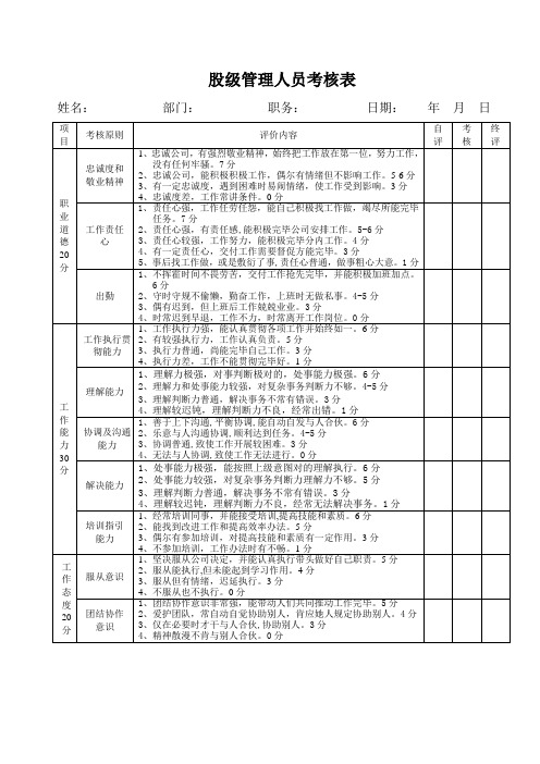 管理人员考评表样本