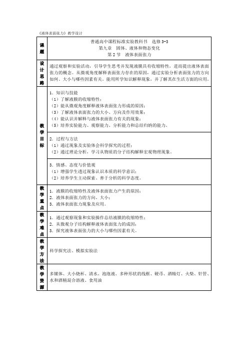 人教选修3-3《9.2 液体表面张力》教学设计