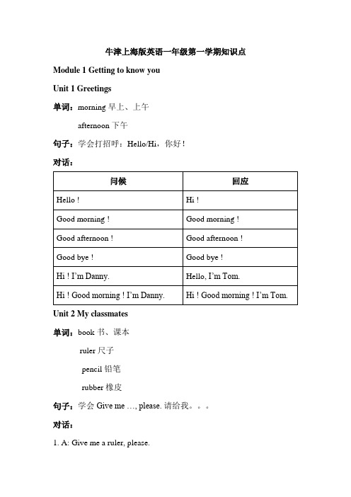 牛津上海版英语一年级第一学期知识点