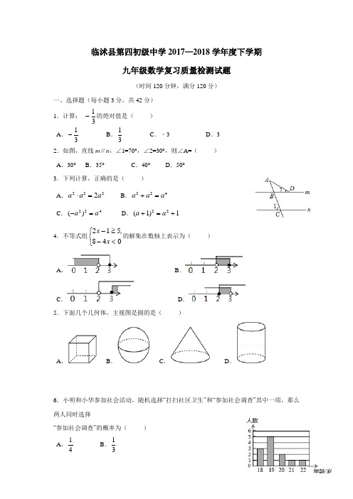 山东省临沭县第四初级中学2018届九年级4月质量检测数学试题(无答案)