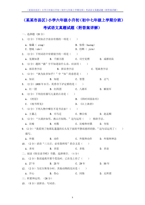 (某某市县区)小学六年级小升初(初中七年级上学期分班)考试语文真题试题(附答案详解)