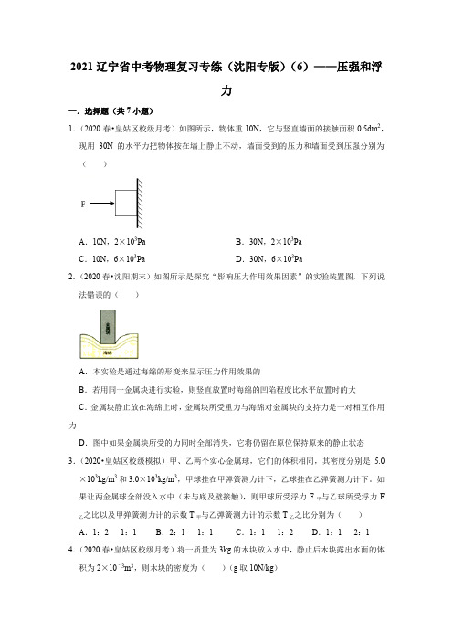 2021年辽宁省中考物理复习专练(沈阳专版)(6)——压强和浮力