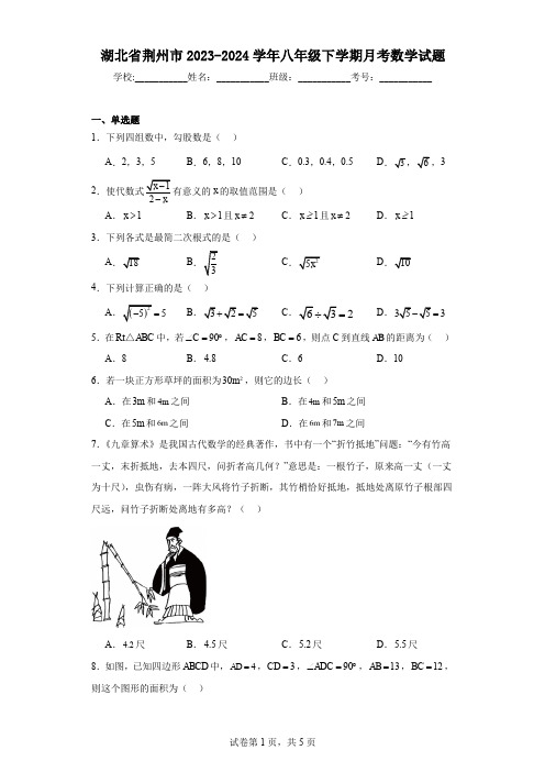 湖北省荆州市2023-2024学年八年级下学期月考数学试题