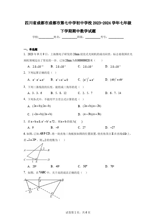 四川省成都市成都市第七中学初中学校2023-2024学年七年级下学期期中数学试题