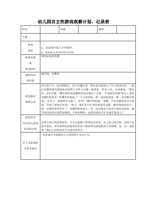 幼儿园自主性游戏观察计划、记录表