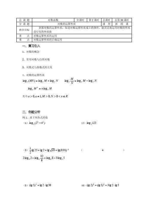 2017-2018学年苏教版初高中衔接教材、必修一导学案：第30课时(对数的运算性质)