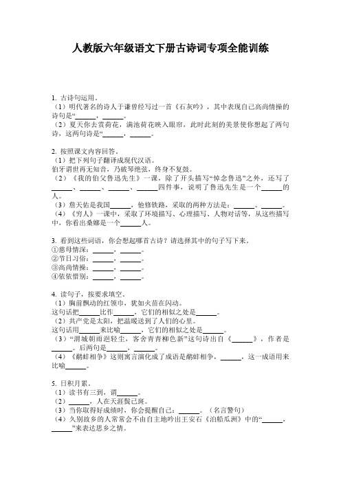 人教版六年级语文下册古诗词专项全能训练