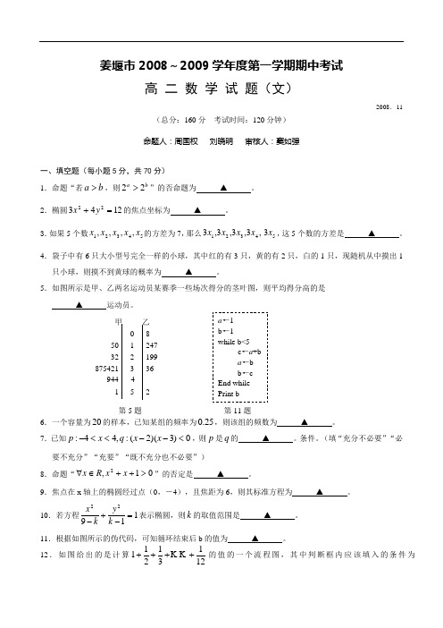 2008-2009年高二文科数学期中试卷及答案