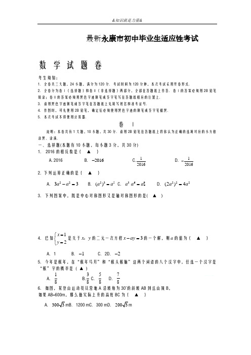 2020-2021学年浙江省永康市初中毕业生适应性考试数学试题及答案解析