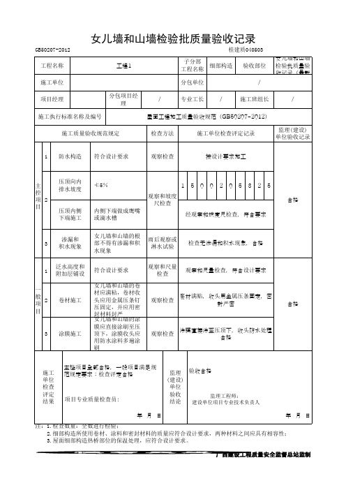 女儿墙和山墙检验批质量验收记录(最新版)