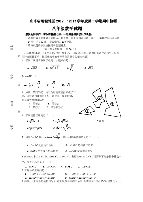 山东省聊城地区2012-2013学年八年级下学期期中考试数学试题