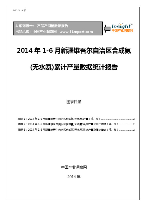 2014年1-6月新疆维吾尔自治区合成氨(无水氨)月度产量数据统计报告