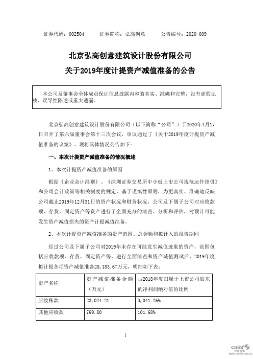 弘高创意：关于2019年度计提资产减值准备的公告