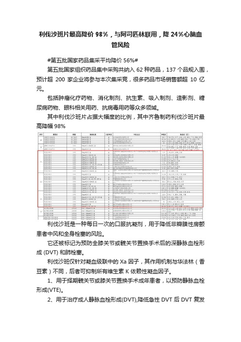 利伐沙班片最高降价98%，与阿司匹林联用，降24%心脑血管风险