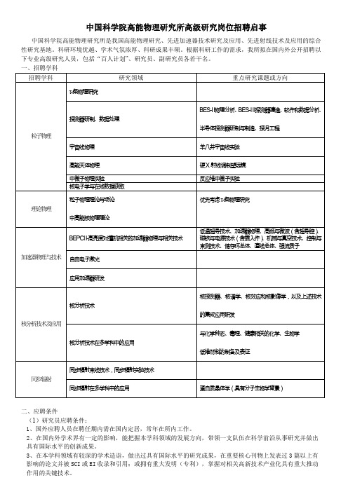 中国科学院高能物理研究所高级研究岗位招聘启事