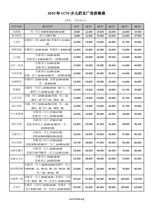 2010年CCTV-少儿栏目广告价格表